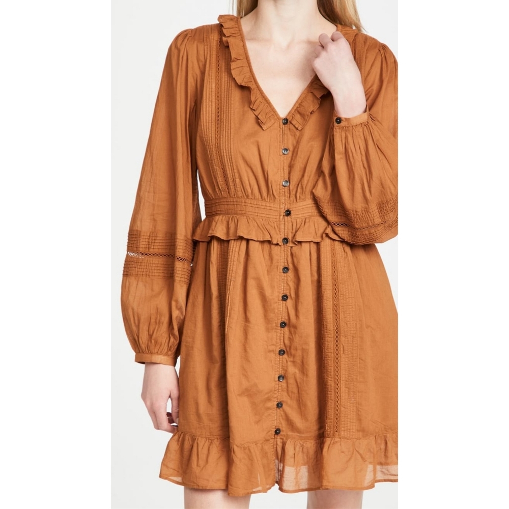 Scotch & Soda Sun Ray Brown Lace Insert Organic Cotton Ruffled Hem Dress XL
